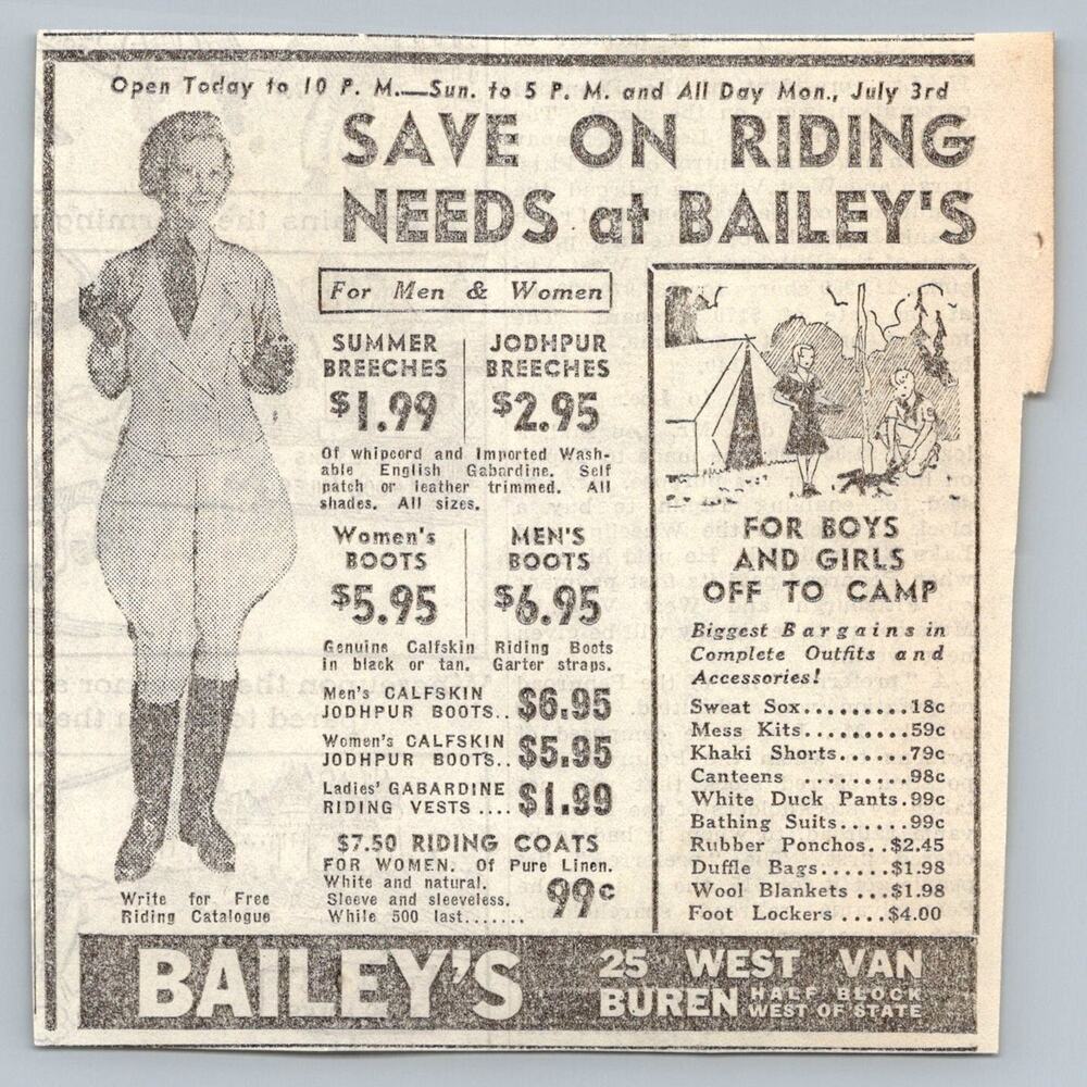 1930s Bailey's Horse Riding Gear & Camp Supplies Chicago Newspaper Ad Ephemera
